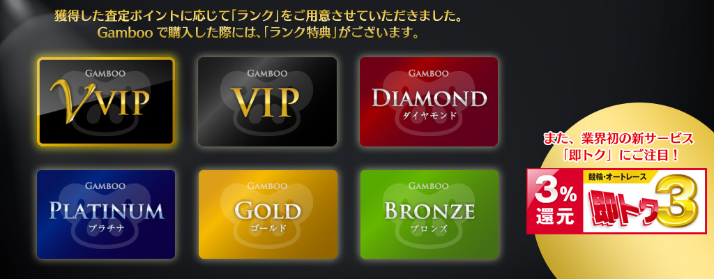 獲得した査定ポイントに応じて「ランク」をご用意させていただきました。Gambooで購入した際には、「ランク特典」がございます。