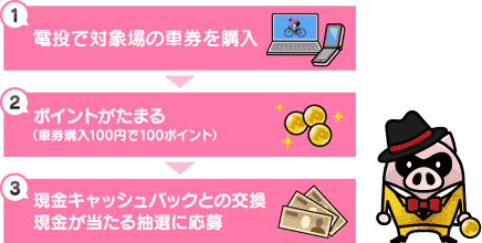 1.電投で高知競輪・青森競輪の車券を購入　2.ポイントがたまる（車券購入100円で100ポイント）　3.現金キャッシュバックとの交換、献金が当たる抽選に応募